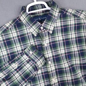Ralph Lauren Button Down Shirt Mens L Navy Blue Green Plaid Classic Fit Preppy